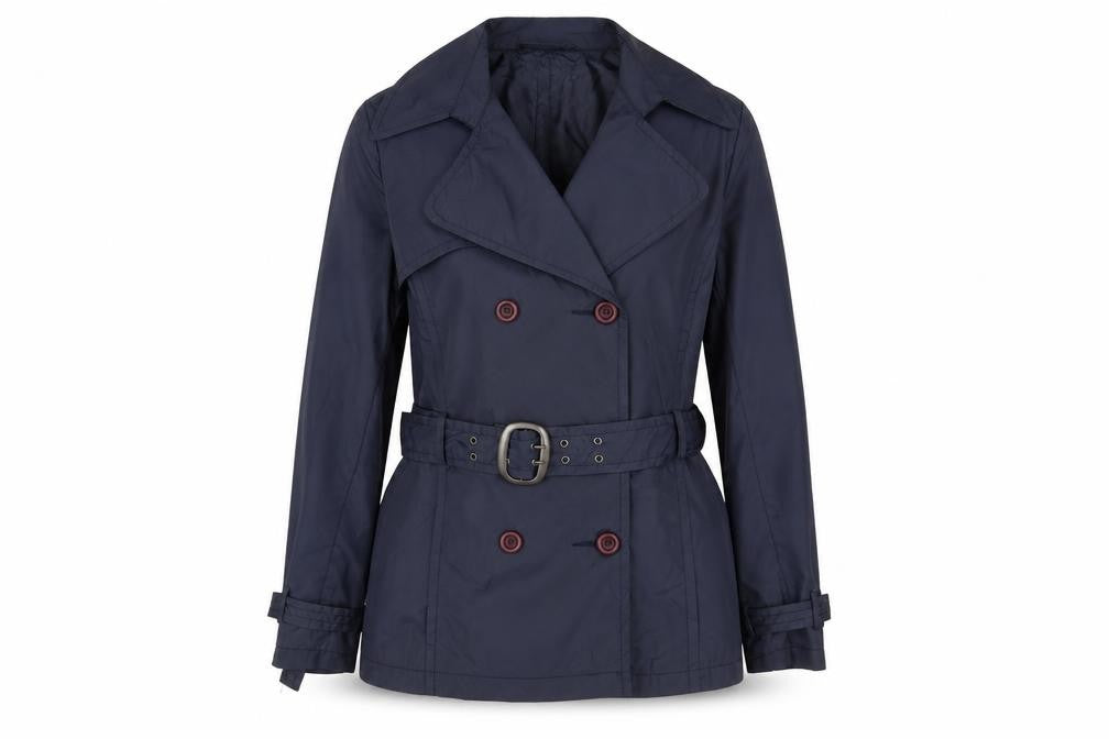 Front view of G & L women’s blue jacket, size XL, button