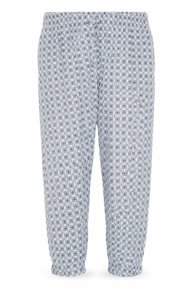 Front view of Original women’s blue geometric cotton trousers, size UK 14, regular drawstring