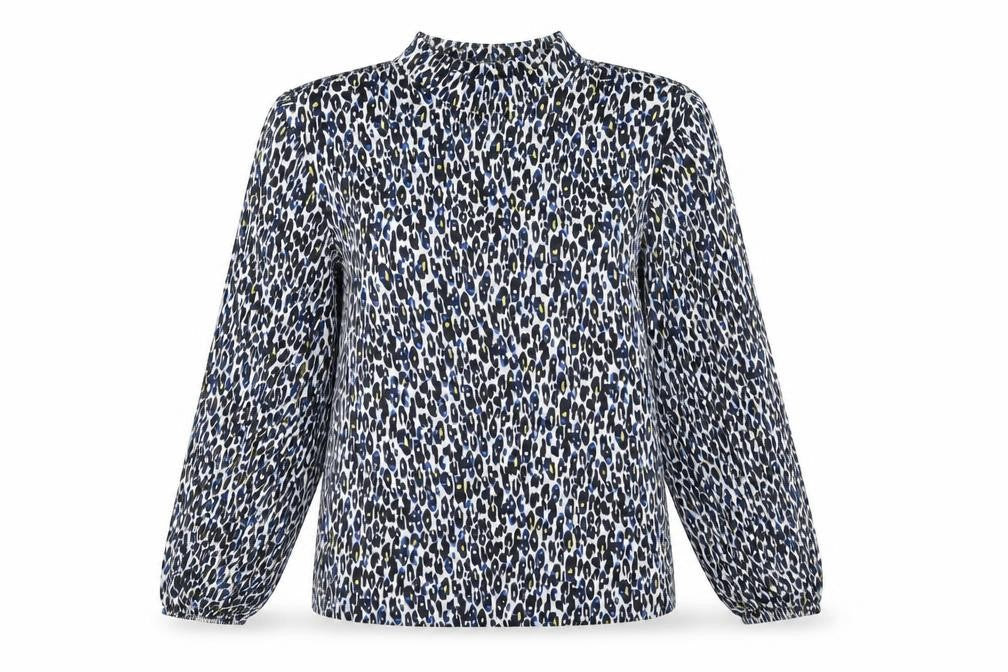 Front view of Per Una women’s blue animal print viscose basic blouse, size UK 12, mock neck - leopard pattern