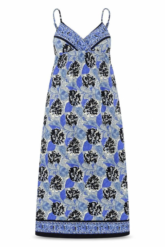 Front view of Speed Control women’s blue floral polyester tank dress, size S, v-neck pullover