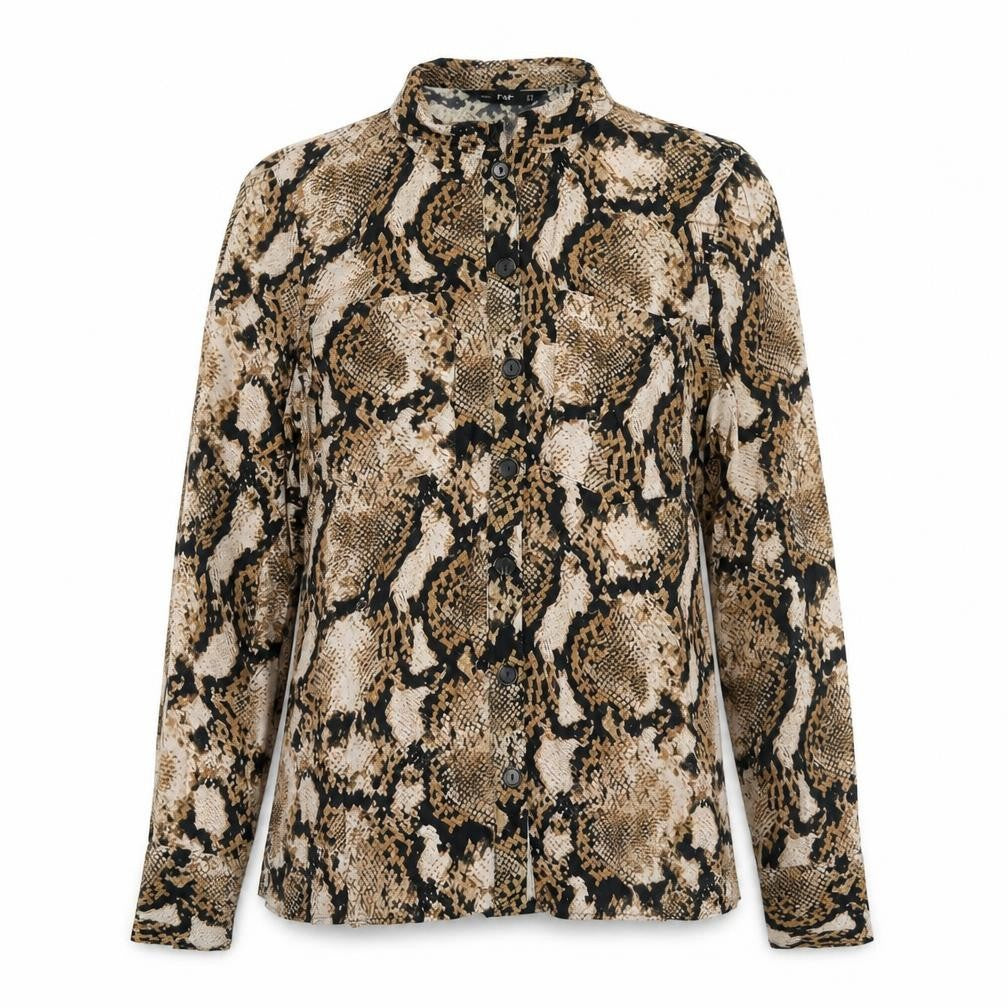 Front view of F&F women’s brown animal print viscose basic button-up, size UK 10, collared - snakeskin pattern