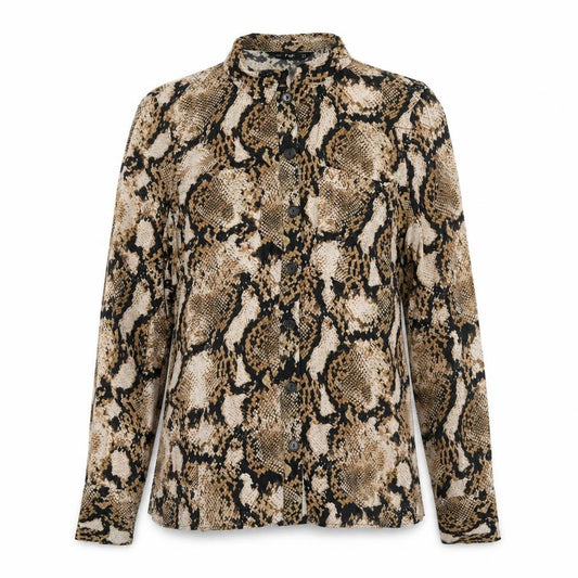 Front view of F&F women’s brown animal print viscose basic button-up, size UK 10, collared - snakeskin pattern