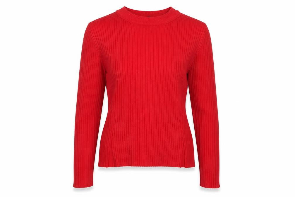 Front view of H&M women’s red round neck acrylic jumper, size M