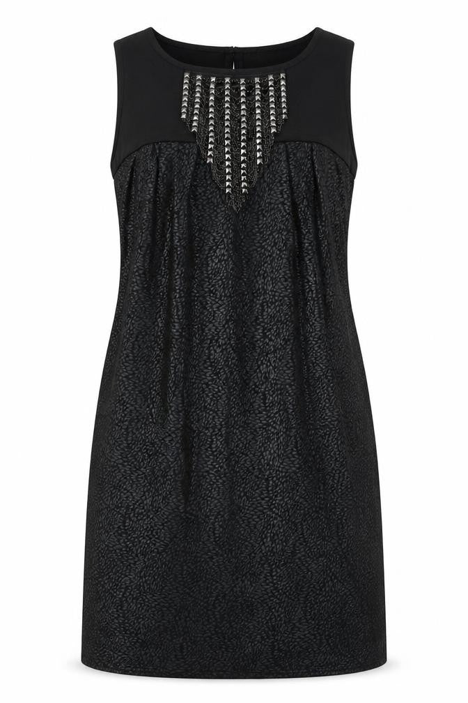 Front view of M&Co women’s black polyester a-line, size UK 12, v-neck button