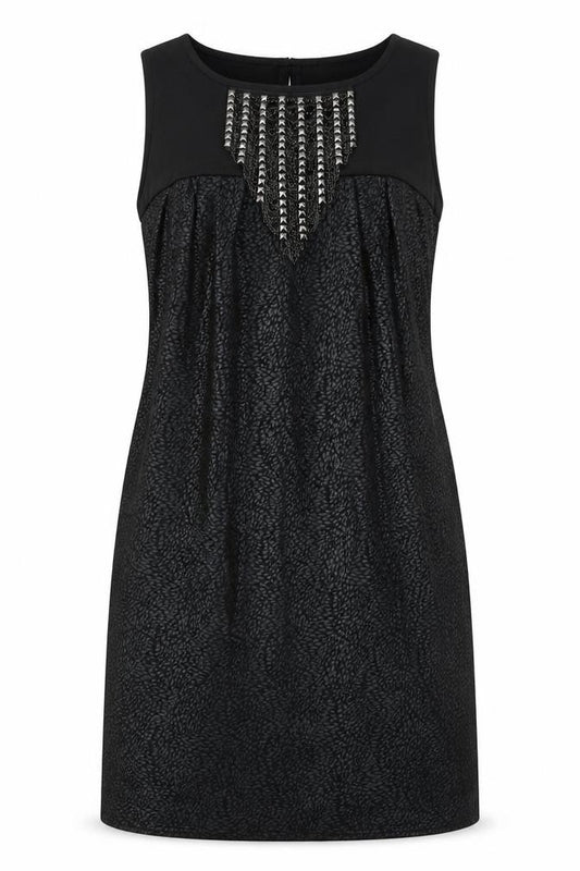 Front view of M&Co women’s black polyester a-line, size UK 12, v-neck button