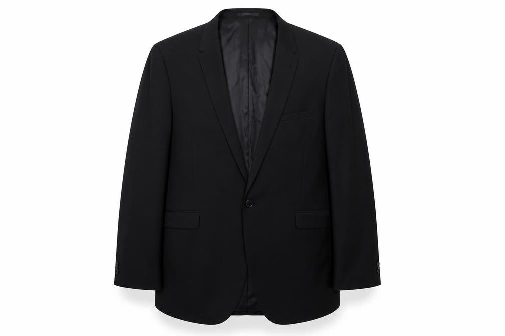 Front view of Matalan men’s black polyester jacket suit jacket, size 42, regular