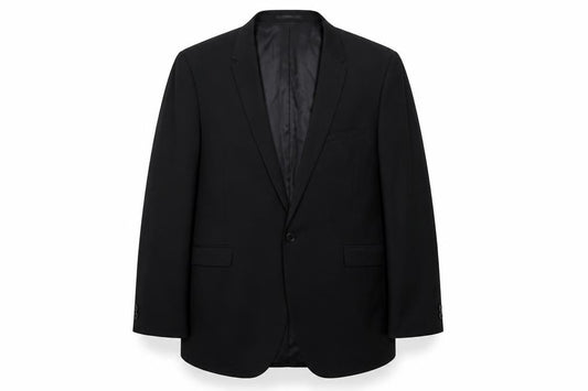 Front view of Matalan men’s black polyester jacket suit jacket, size 42, regular
