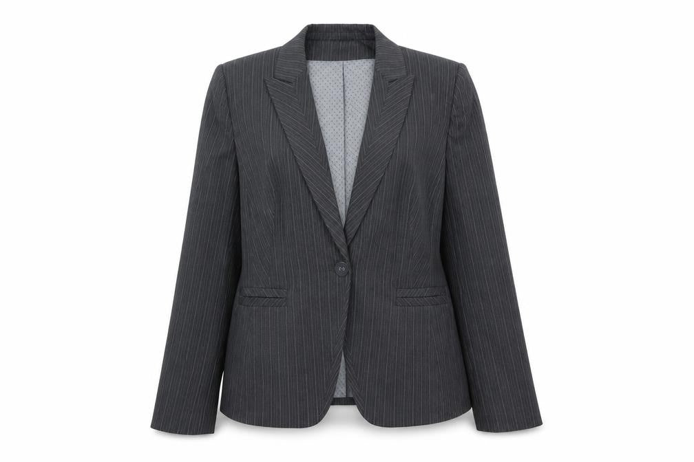 Front view of Marks & Spencer women’s grey striped polyester jacket blazer, size UK 16