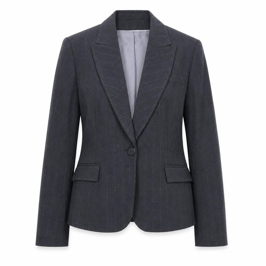Front view of AMARANTO women’s blue striped polyester jacket blazer, size UK 14