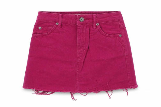 Front view of Topshop women’s purple cotton a-line skirt, size UK 4, zip