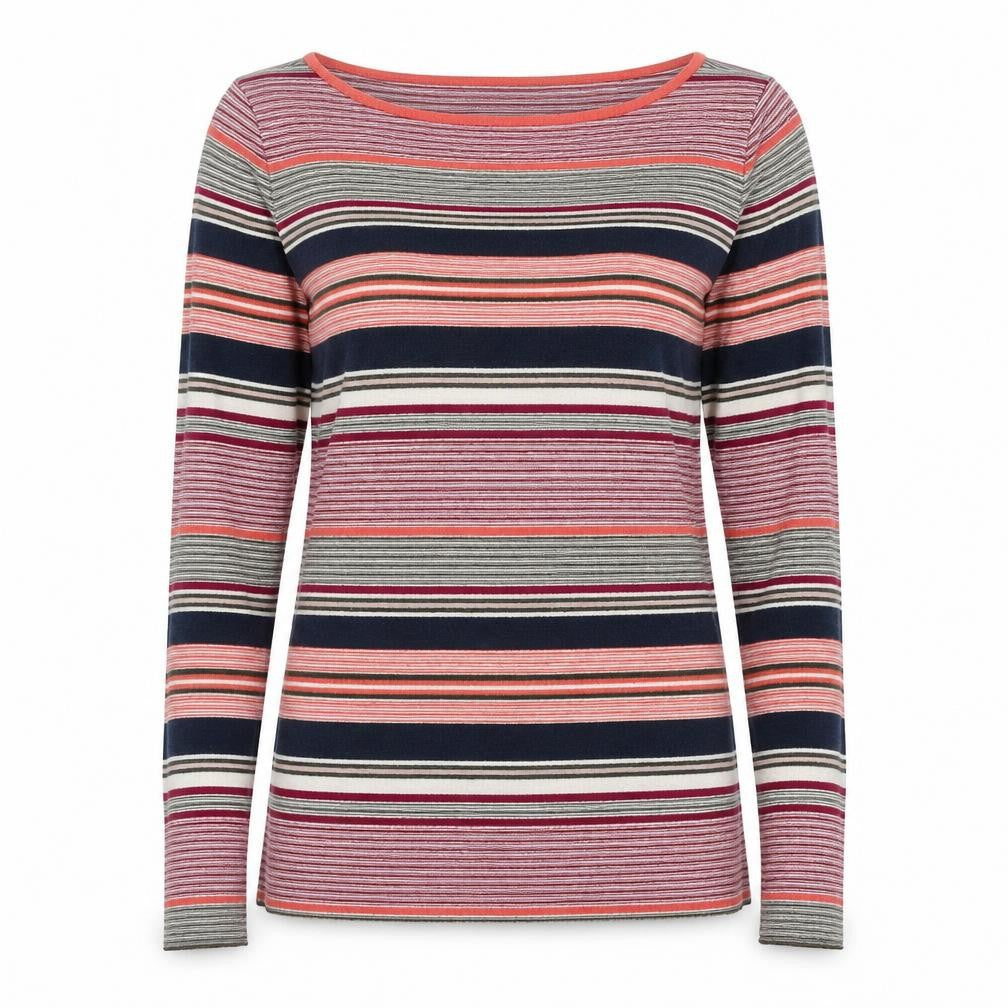 Front view of Gap women’s multicoloured boat neck striped cotton jumper, size S