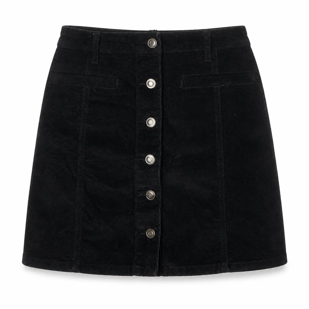 Front view of Select women’s black cotton a-line skirt, size UK 6, button