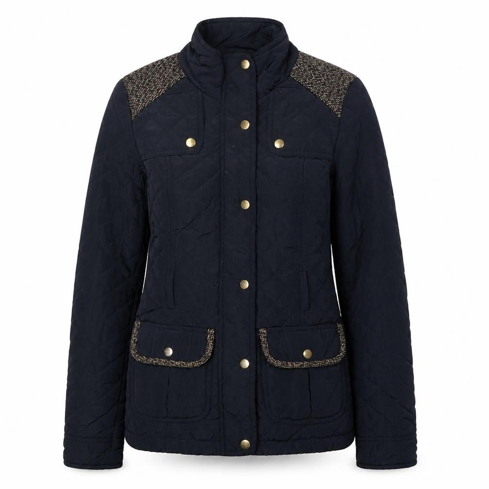 Front view of Atmosphere women’s blue quilted jacket, size UK 6, snap