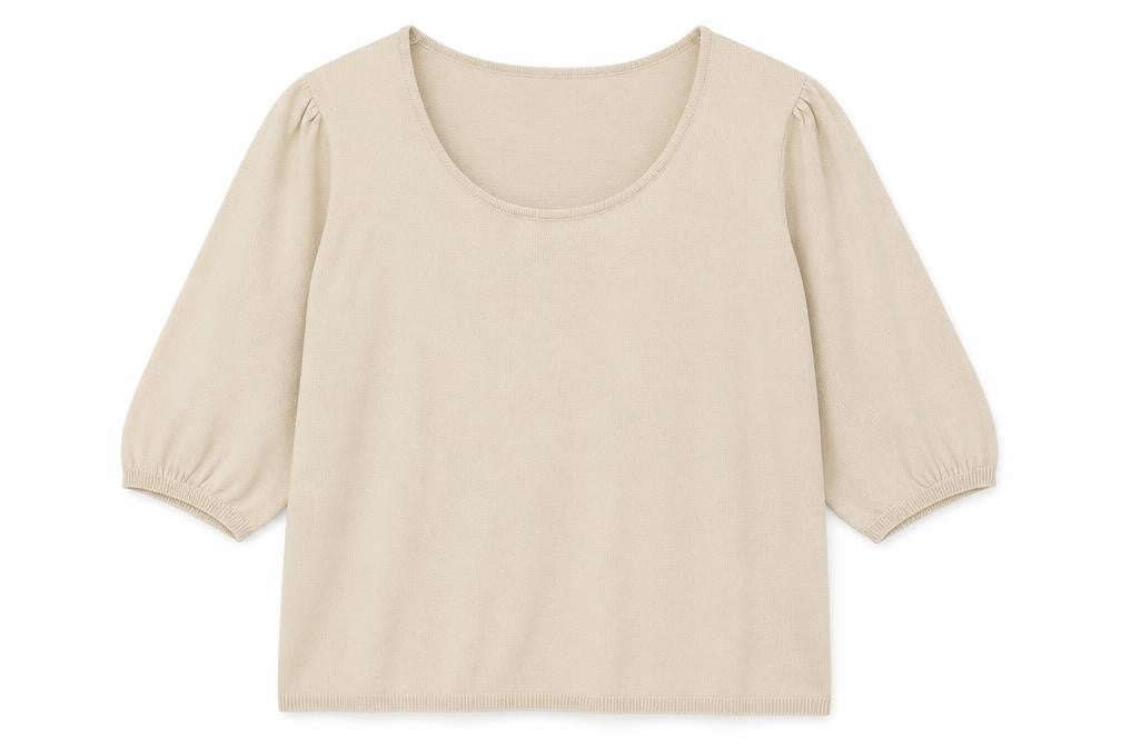 Front view of Note women’s beige scoop neck acrylic jumper, size UK 20