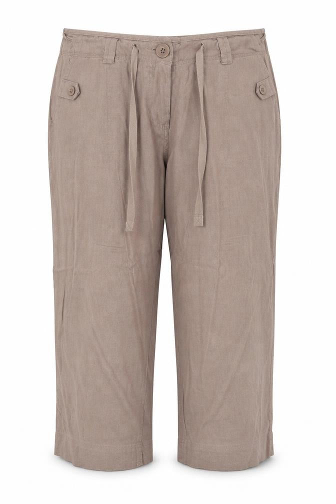 Front view of //Text women’s brown linen cropped trousers, size UK 36, in regular zip