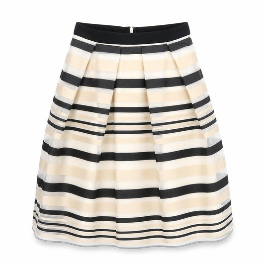 Front view of Preworn women’s beige striped polyester tulip skirt, size UK 10, zip