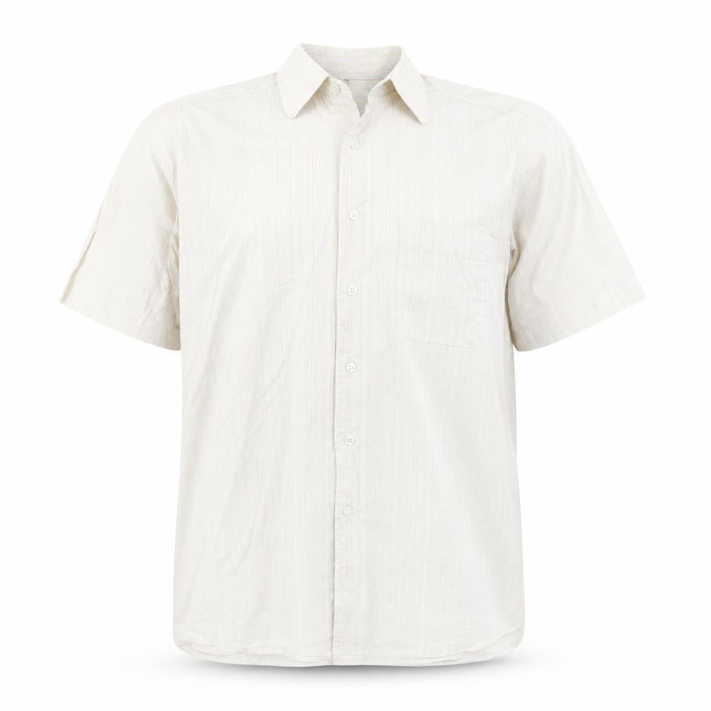 Front view of Kastor men’s white striped cotton button-up, size 42, collared button