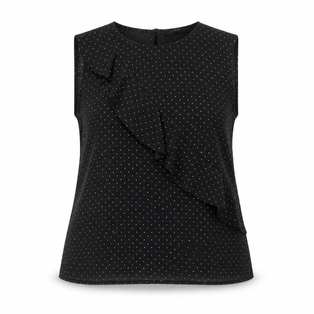 Front view of F&F women’s black polka dot polyester basic blouse, size UK 10, round neck