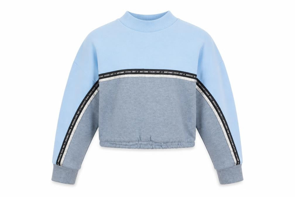 Front view of Next girls’ blue colourblock cotton pullover sweatshirt, size 11, years pullover