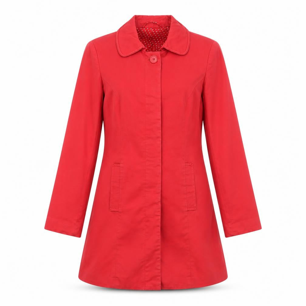 Front view of Savoir women’s red overcoat coat, size UK 12, button