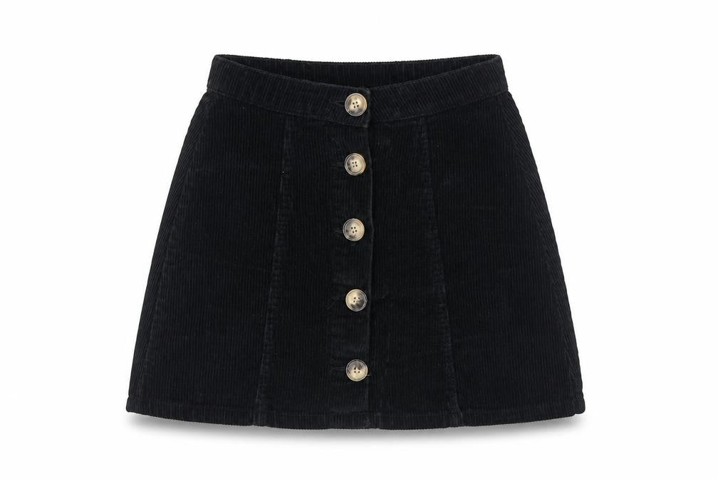 Front view of Primark women’s black cotton a-line skirt, size UK 4, button