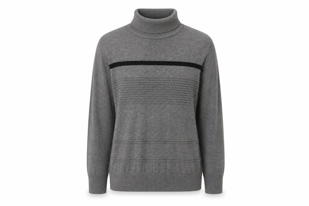 Front view of Saloos women’s grey roll neck viscose jumper, size M