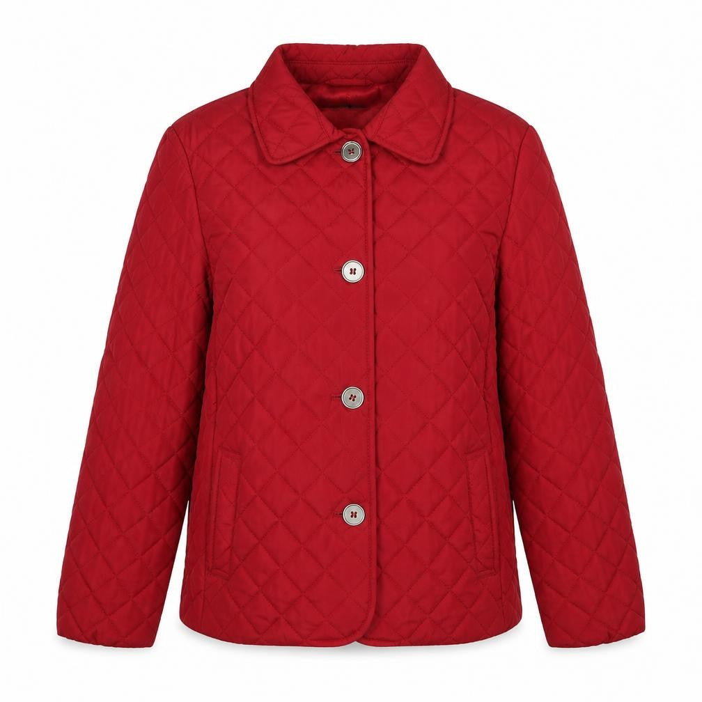 Front view of YBC women’s red quilted jacket, size S, zip