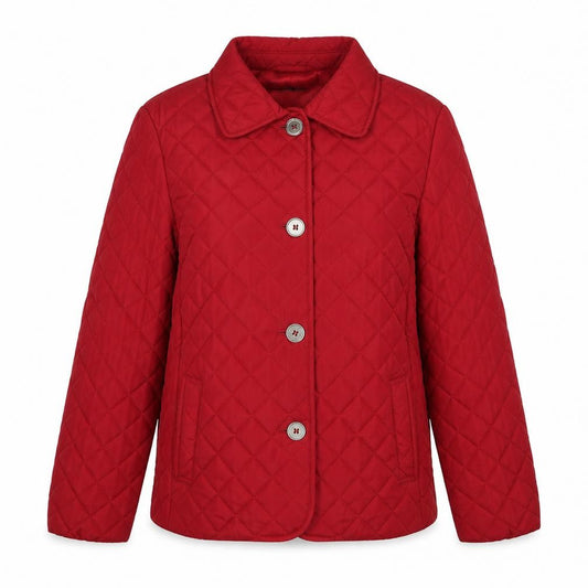 Front view of YBC women’s red quilted jacket, size S, zip