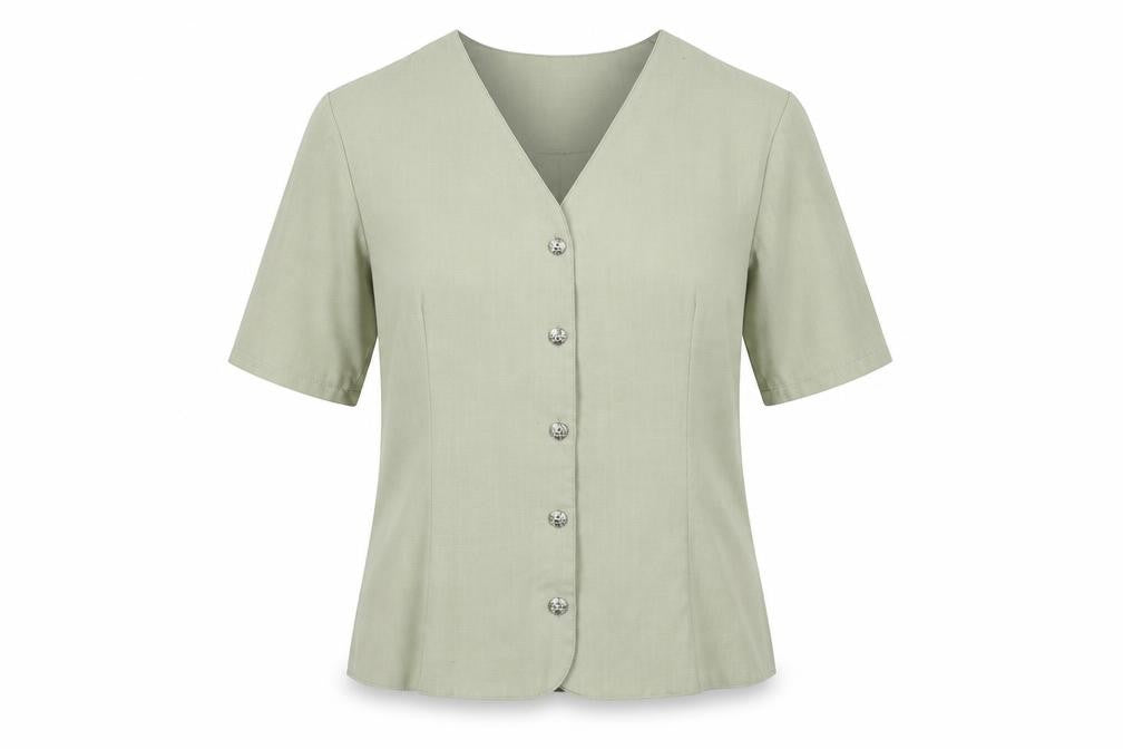 Front view of LS Collection women’s green polyester basic button-up, size UK 12, v-neck