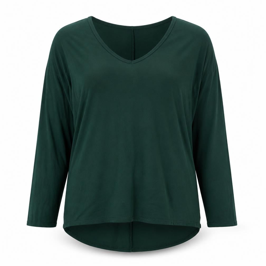 Front view of Boohoo women’s green viscose basic blouse, size S, v-neck