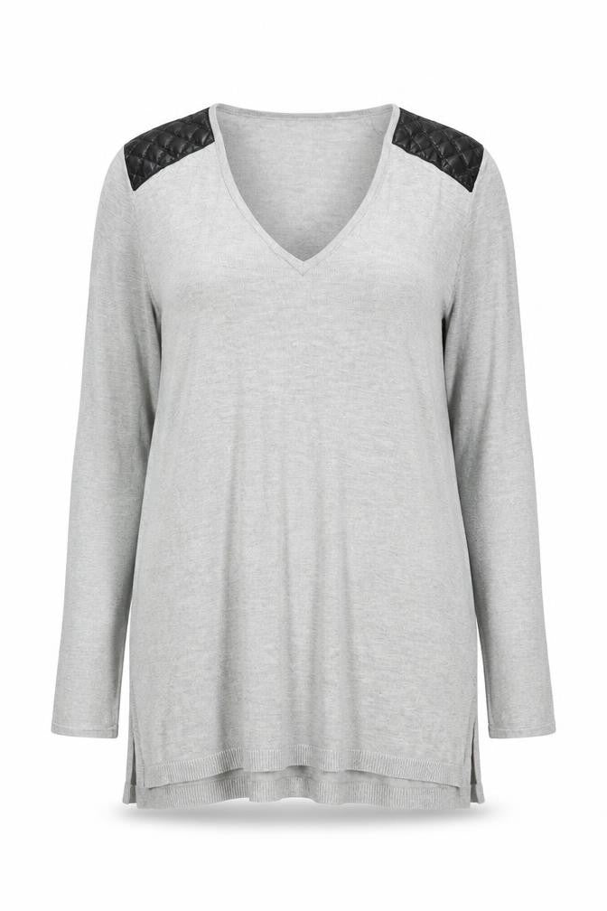 Front view of H&M women’s grey v-neck viscose jumper, size S, pullover