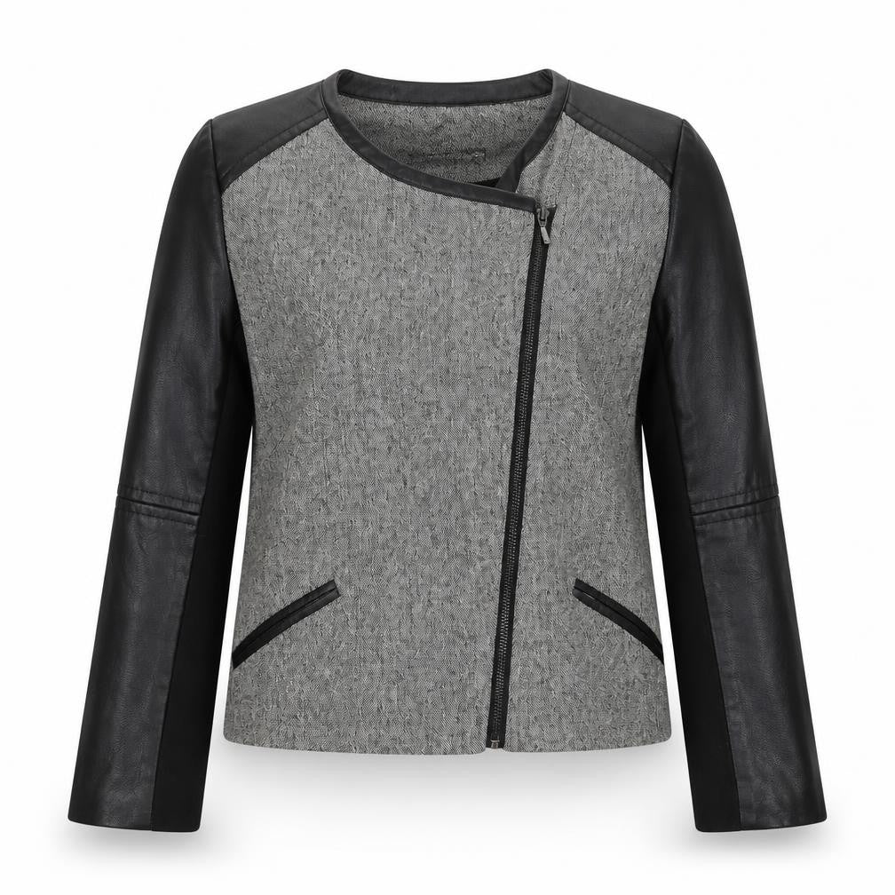 Front view of Atmosphere women’s black geometric biker jacket, size UK 12, zip