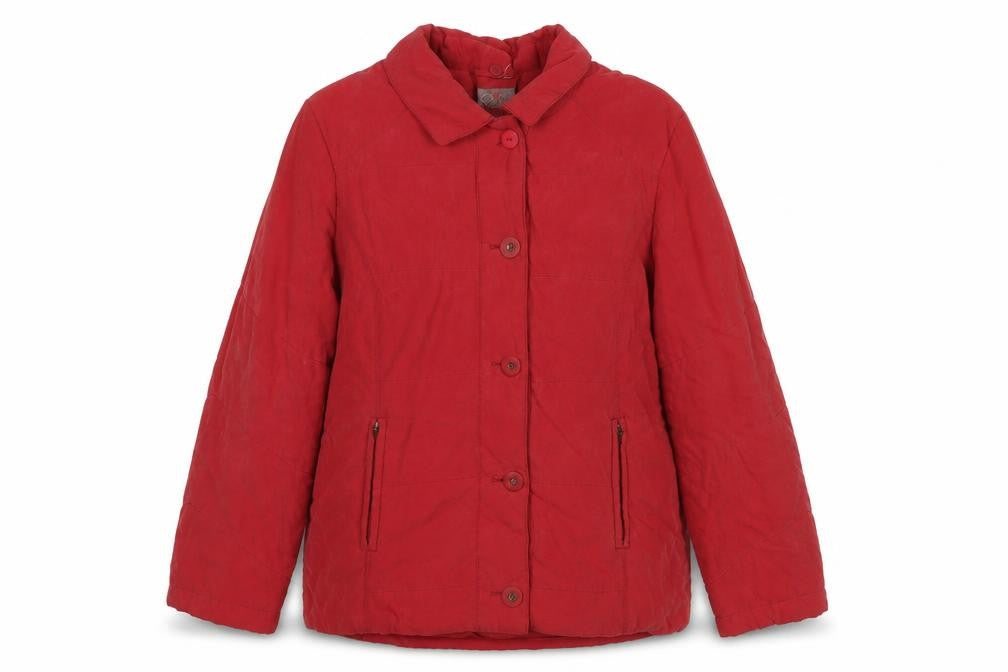 Front view of E-vie women’s red jacket, size UK 14, button