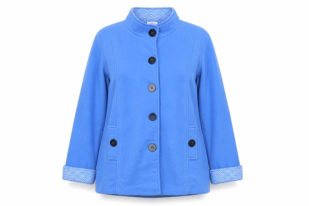 Front view of Anne de Lancey women’s blue jacket, size L, button