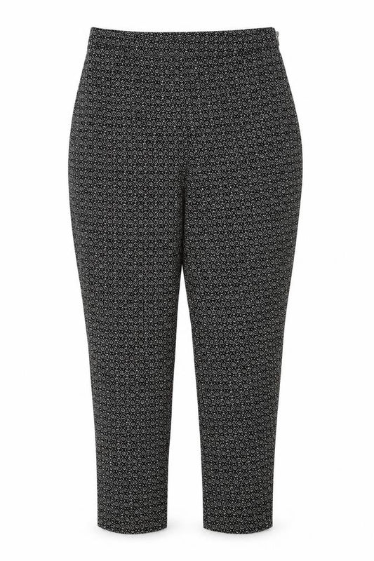 Front view of New Look women’s black geometric viscose trousers, size UK 8, regular zip