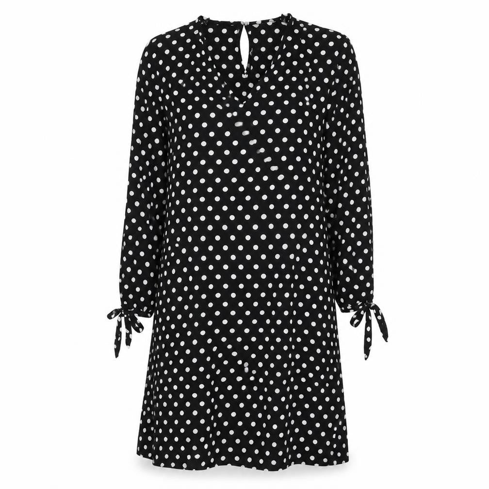 Front view of Papaya women’s black polka dot viscose a-line, size UK 10, v-neck pullover