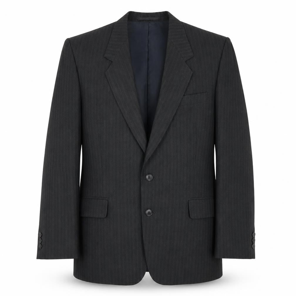 Front view of Greenwoods men’s grey striped polyester jacket suit jacket, size 42, regular