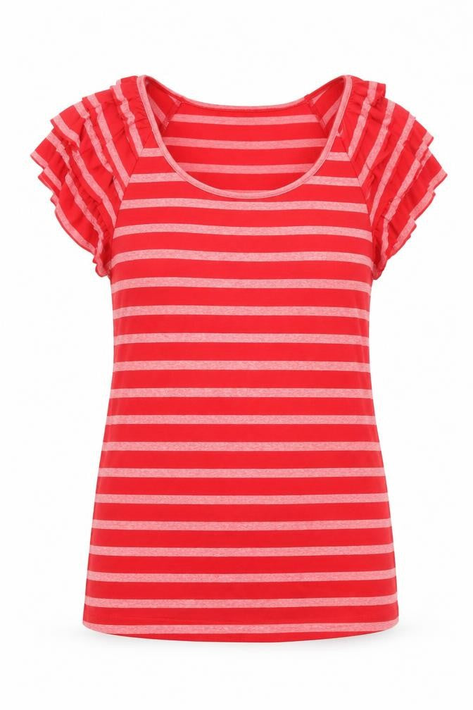 Front view of E-vie women’s red striped polyester basic t-shirt, size UK 10, scoop neck