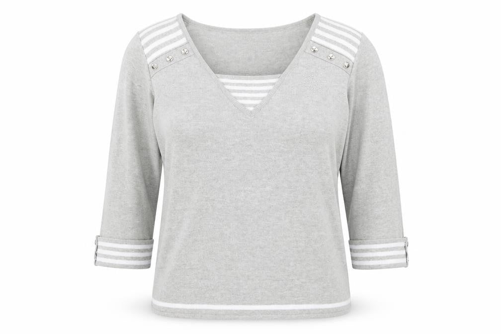 Front view of Abifel women’s grey v-neck acrylic jumper, size UK 16