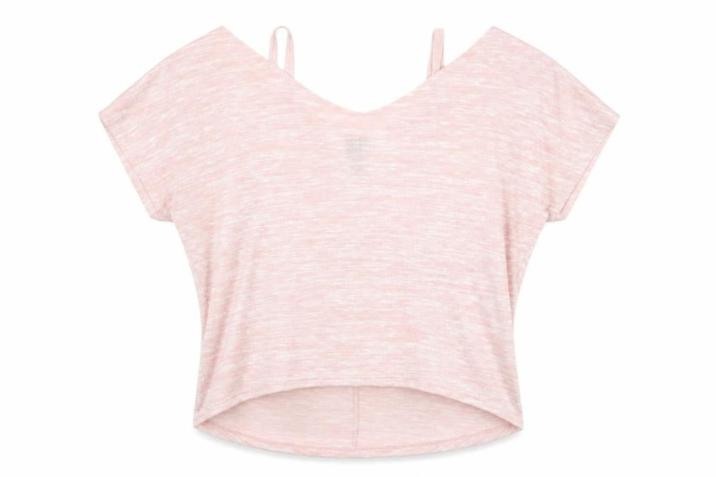 Front view of New Look women’s pink viscose basic blouse, size M, v-neck
