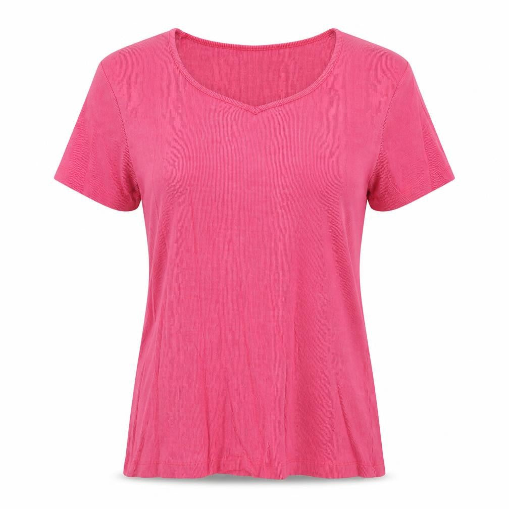 Front view of OPUS women’s pink cotton basic t-shirt, size M, v-neck