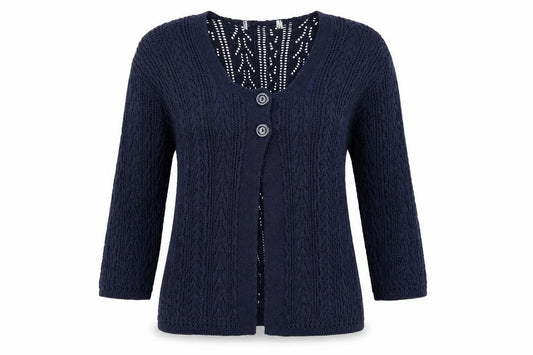 Front view of Preworn women’s blue scoop neck geometric cotton cardigan jumper, size S