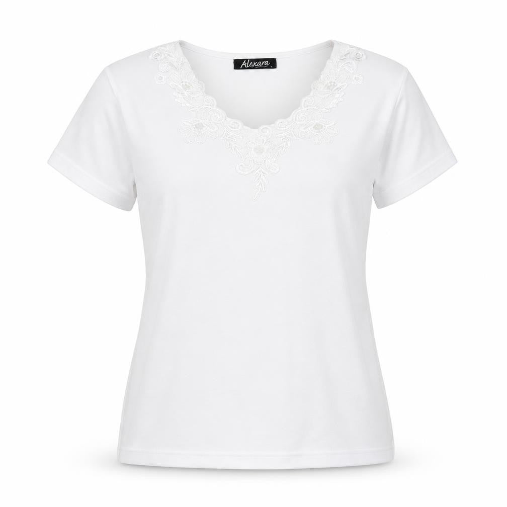 Front view of Alexara women’s white polyester basic t-shirt, size L, v-neck