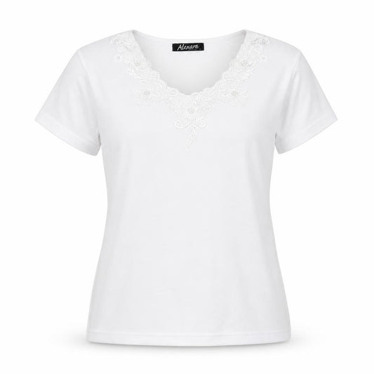 Front view of Alexara women’s white polyester basic t-shirt, size L, v-neck