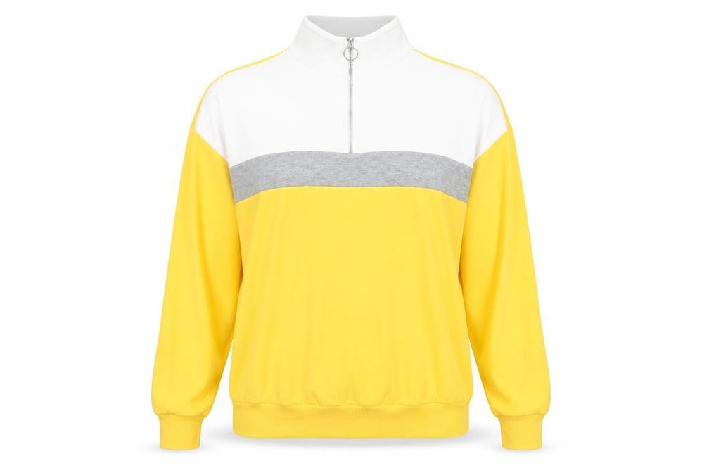 Front view of New Look women’s yellow colourblock cotton pullover sweatshirt, size UK 8, zip
