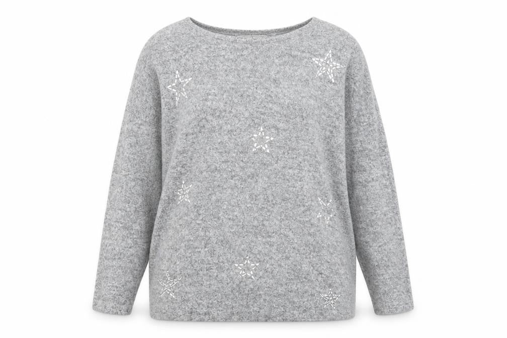 Front view of Tu women’s grey round neck geometric polyester jumper, size UK 10, - star pattern