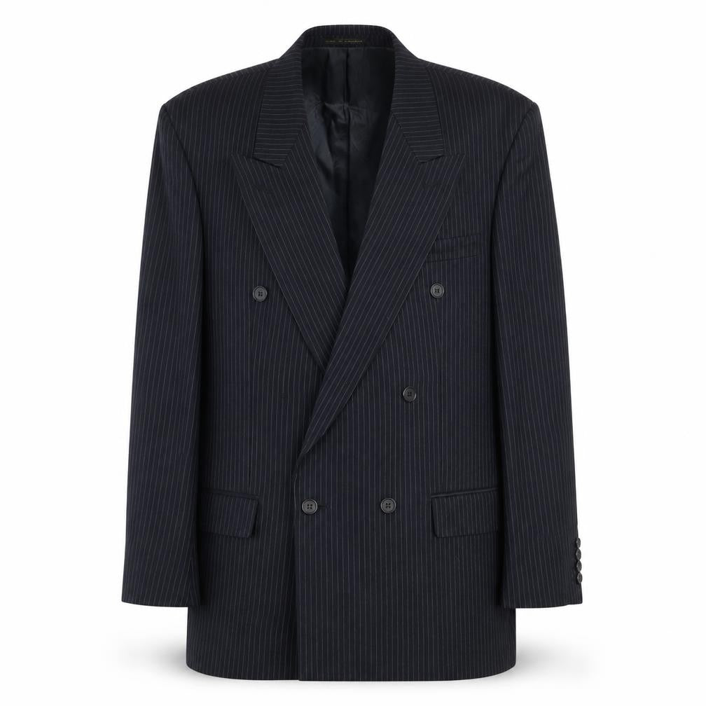 Front view of James Barry men’s blue striped wool jacket suit jacket, size 42, regular