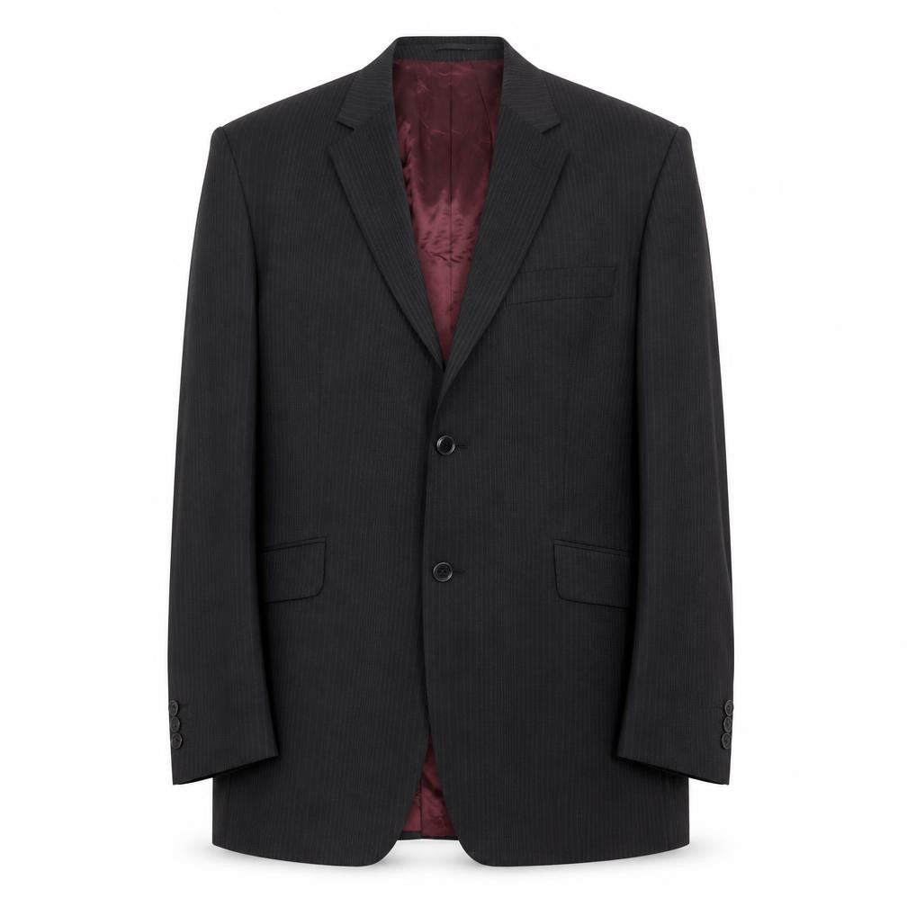 Front view of Burton men’s black striped polyester jacket suit jacket, size 44, regular