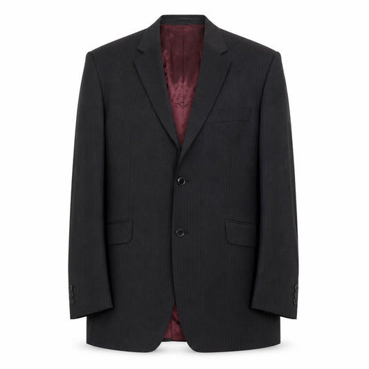 Front view of Burton men’s black striped polyester jacket suit jacket, size 44, regular