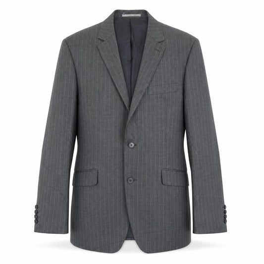 Front view of Burton men’s grey striped polyester jacket suit jacket, size 40, regular